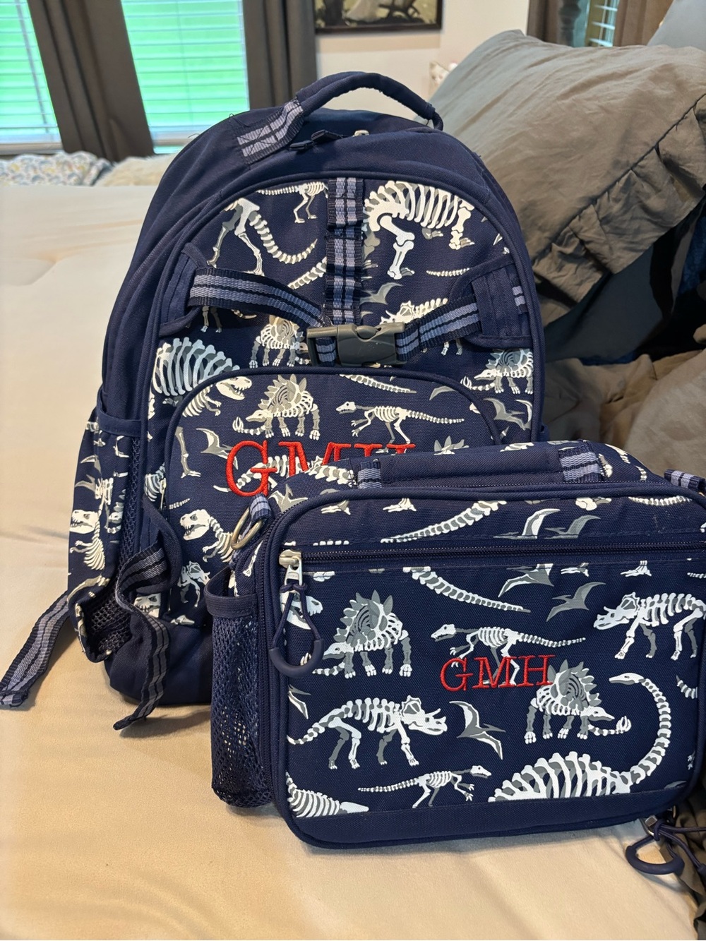 Pottery Barn Navy Dinosaur Skeleton Backpack & Lunch Bag Set